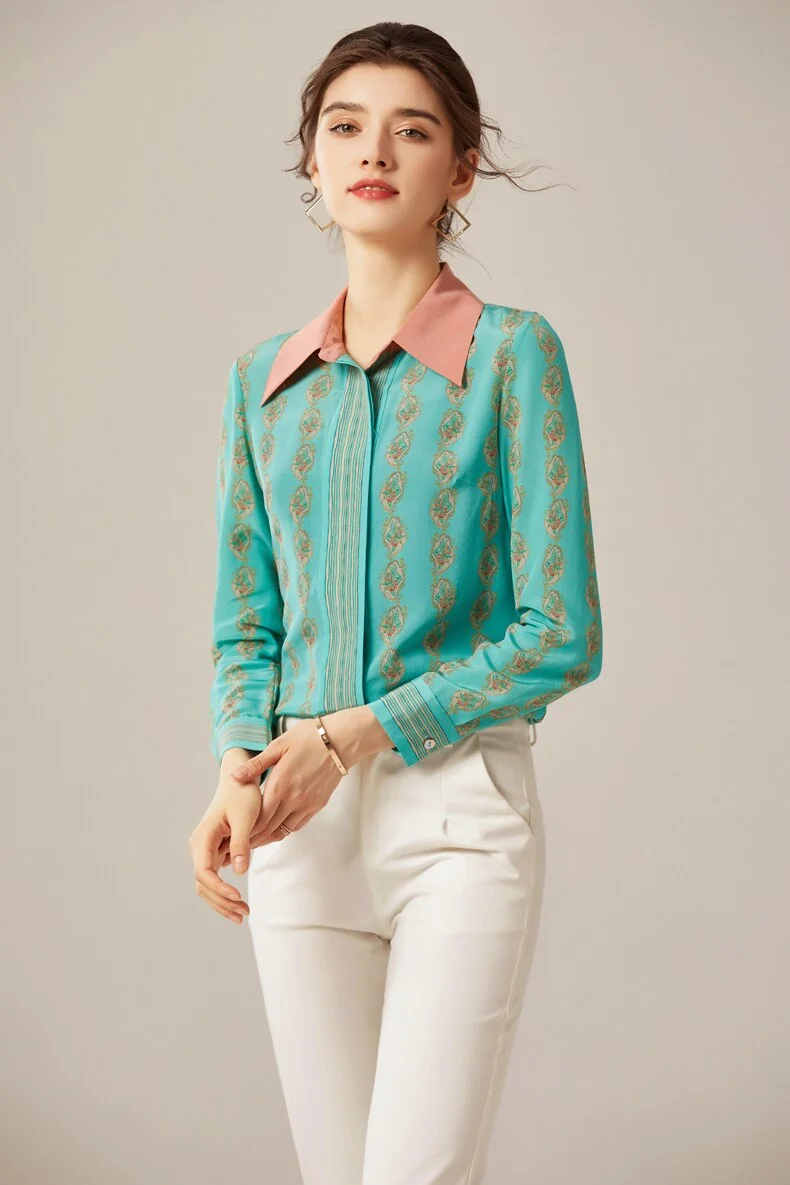100% Silk Women's Shirt Turn Down Collar Printed Long Sleeves Fashion Blouse Tops - Image 2