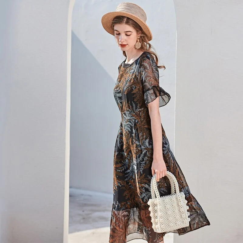 100% Silk Women's Runway Dresses O Neck Short Sleeves Ruffles Printed Fashion Summer Holiday Dresses - Image 2