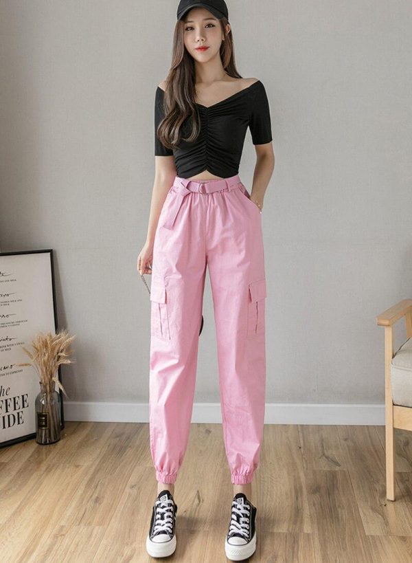 High Waist  Women's Looses Cargo Pants With belt nine-point harem pants Colorfur  high waist pants sashes pockets office pants - Takalr