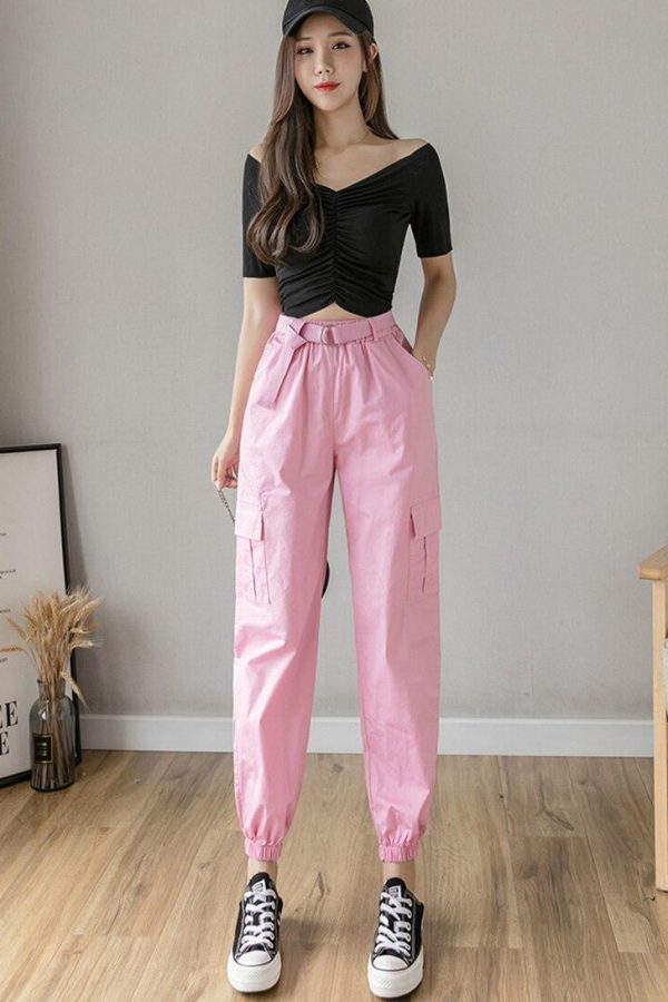 High Waist  Women's Looses Cargo Pants With belt nine-point harem pants Colorfur  high waist pants sashes pockets office pants - Takalr