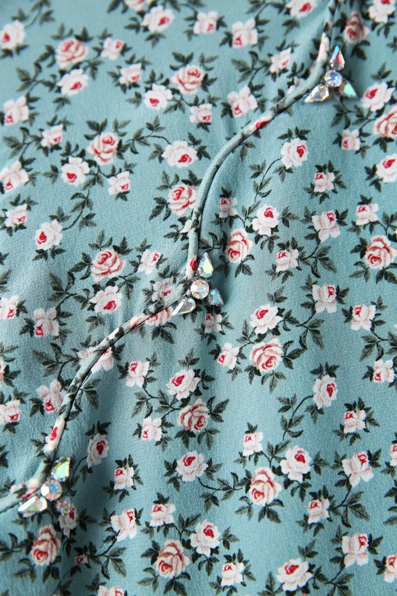 100% Silk Women's Dresses Stand Collar Short Sleeves Printed Floral Asymmetrical Elegant Fashion Dresses - Image 11