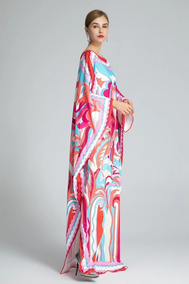 Women's Runway Dresses Slash Neckline Long Batwing Sleeves Printed Loose Design Knitted Elegant Causal Long Dresses Robes - Image 6