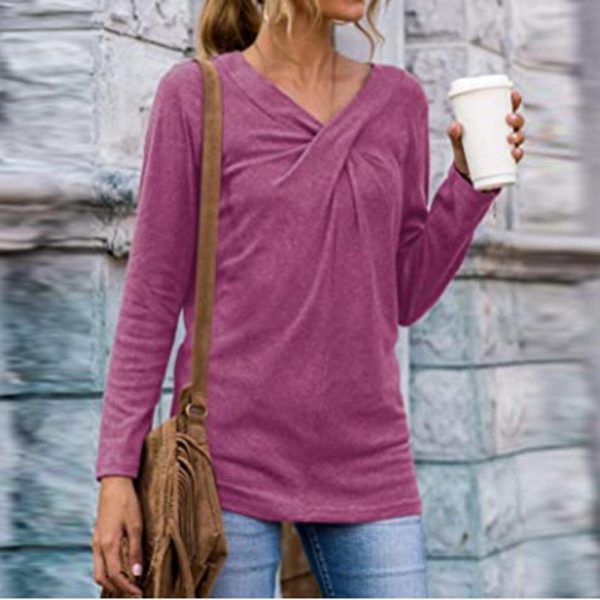 Women V-Neck Solid T-Shirt Loose Long Sleeve Plus Size Shirts Autumn Spring Pullover Tops 2020 Female Cotton Tee Shirts - Takalr