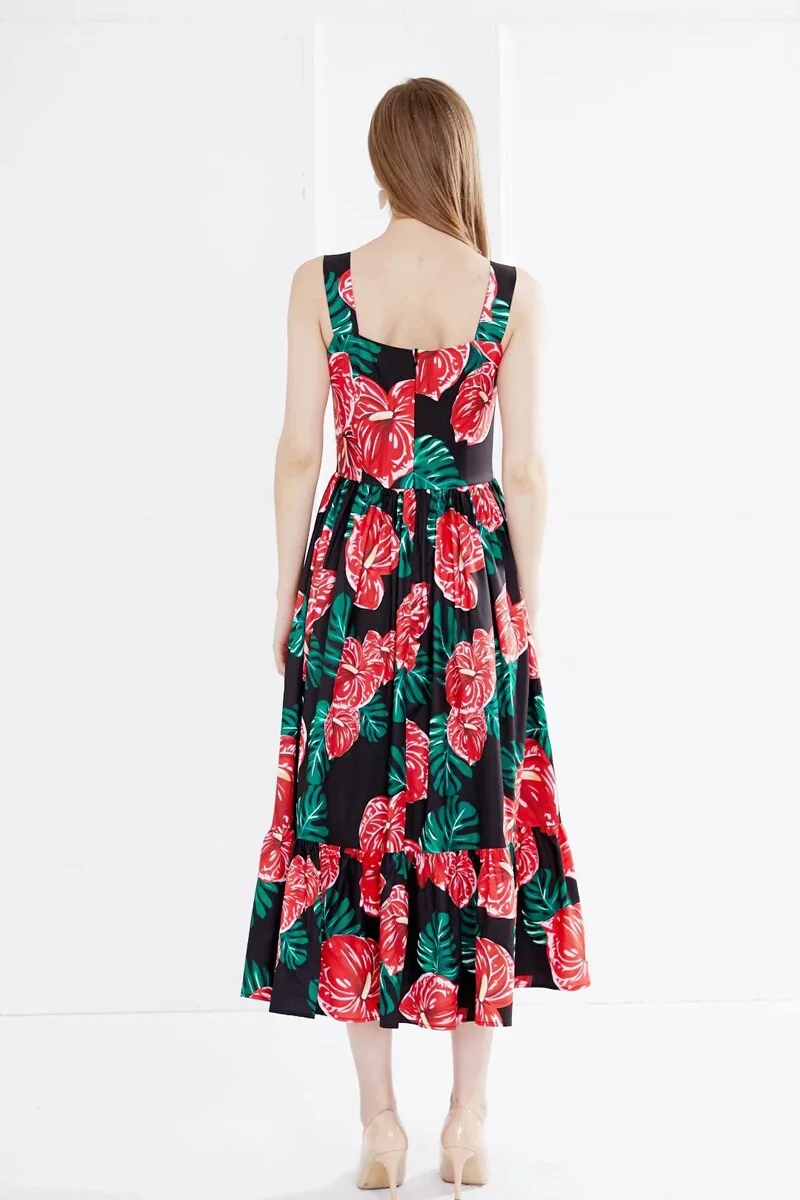 Women's Runway Dresses Sexy Spaghetti Straps Square Neckline Floral Printed Ruffles Fashion Casual Summer Dresses - Image 7