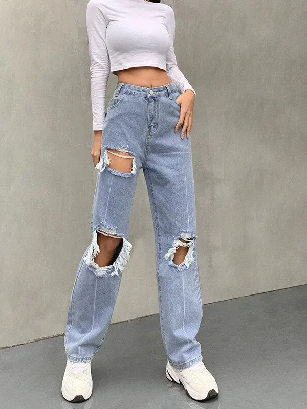 Casual Hollow Out High Waist Pants Woman Button Zipper Solid Straight Baggy Jeans