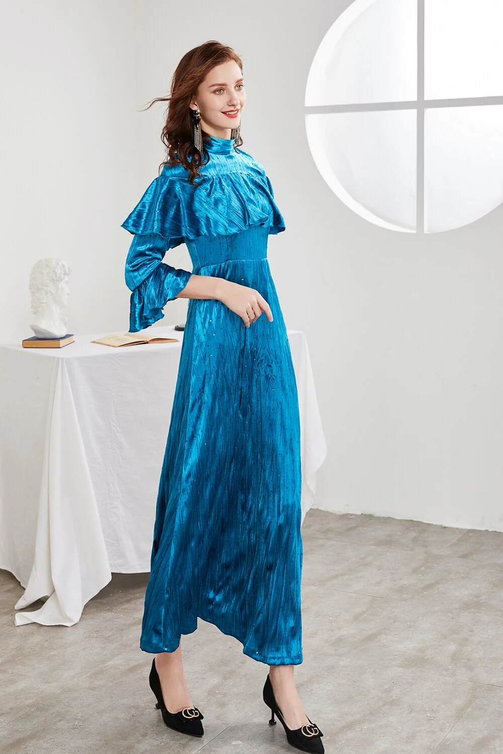 Women's Runway Designer Dresses O Neck Long Sleeves Beaded Ruffles Elegant A Line Maxi Party Prom - Image 5
