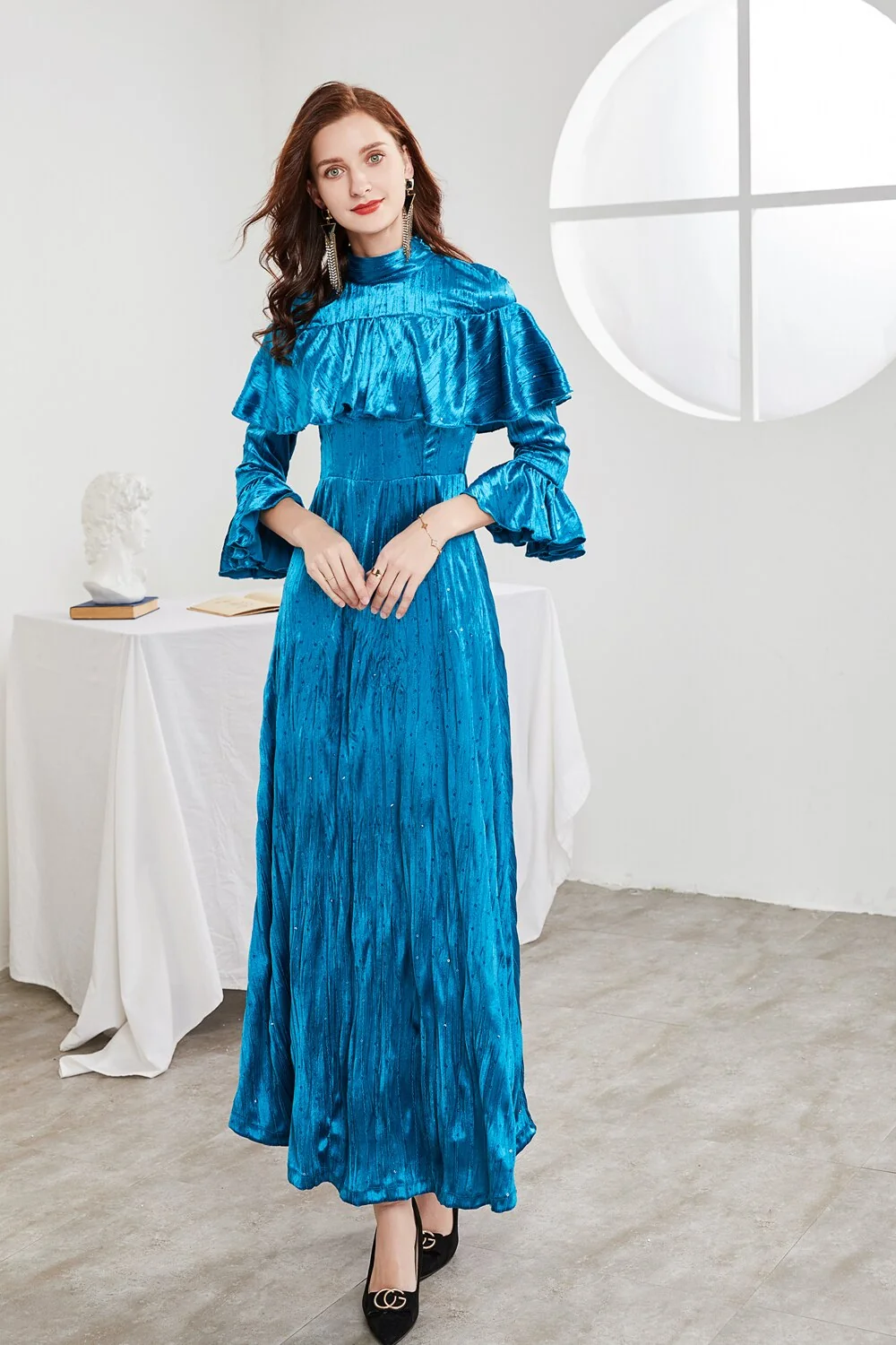 Women's Runway Designer Dresses O Neck Long Sleeves Beaded Ruffles Elegant A Line Maxi Party Prom