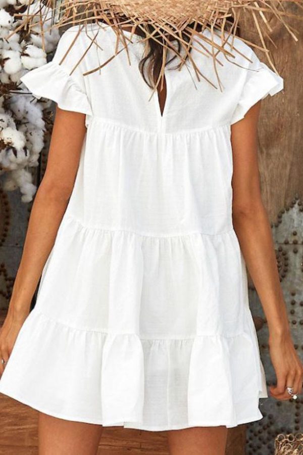 Women Casual Ruffle O Neck Short Sleeve Dress - Takalr