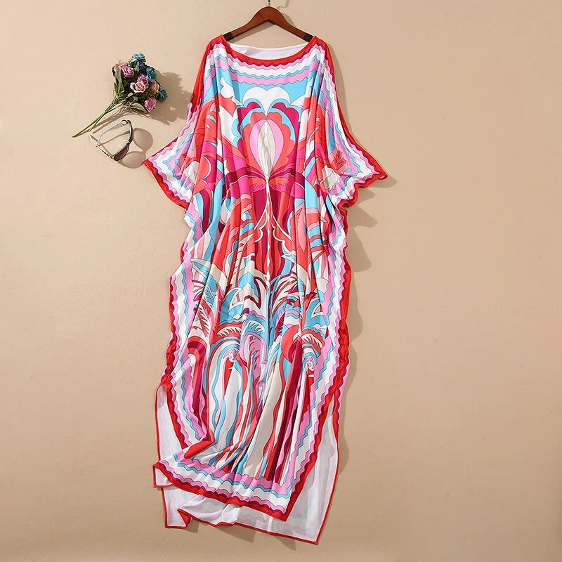 Women's Runway Dresses Slash Neckline Long Batwing Sleeves Printed Loose Design Knitted Elegant Causal Long Dresses Robes - Image 8