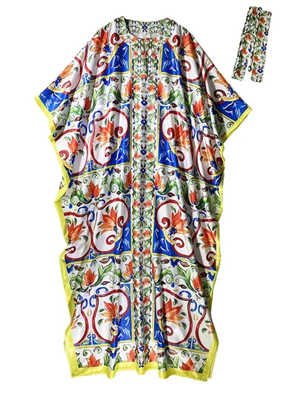 Women's Runway Dresses O Neck Batwing Sleeves Printed Loose Fashion Long Dress Robes