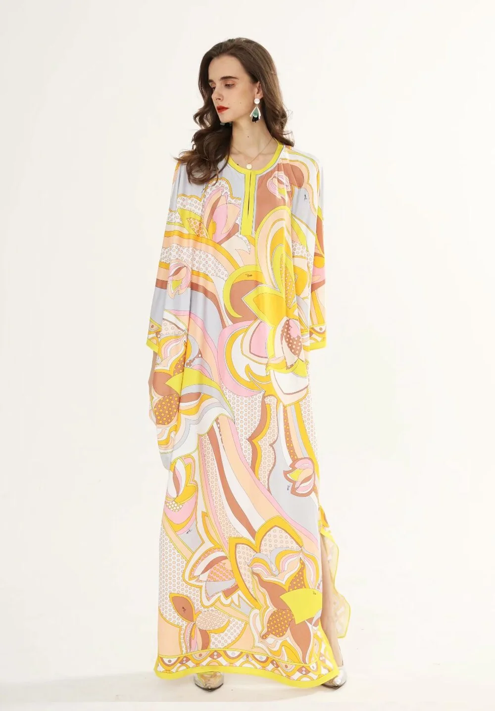 Women's Runway Dresses O Neck Batwing Sleeves Printed Loose Deisgn Plus Sizes Holiday Knitted Elastic Long Maxi Dresses - Image 2