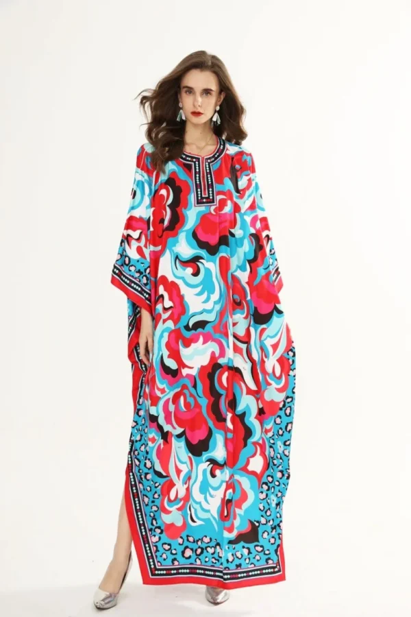 Women's Runway Dresses O Neck Batwing Sleeves Loose Plus Sizes Printed Knitted Elastic Maxi Long Dresses