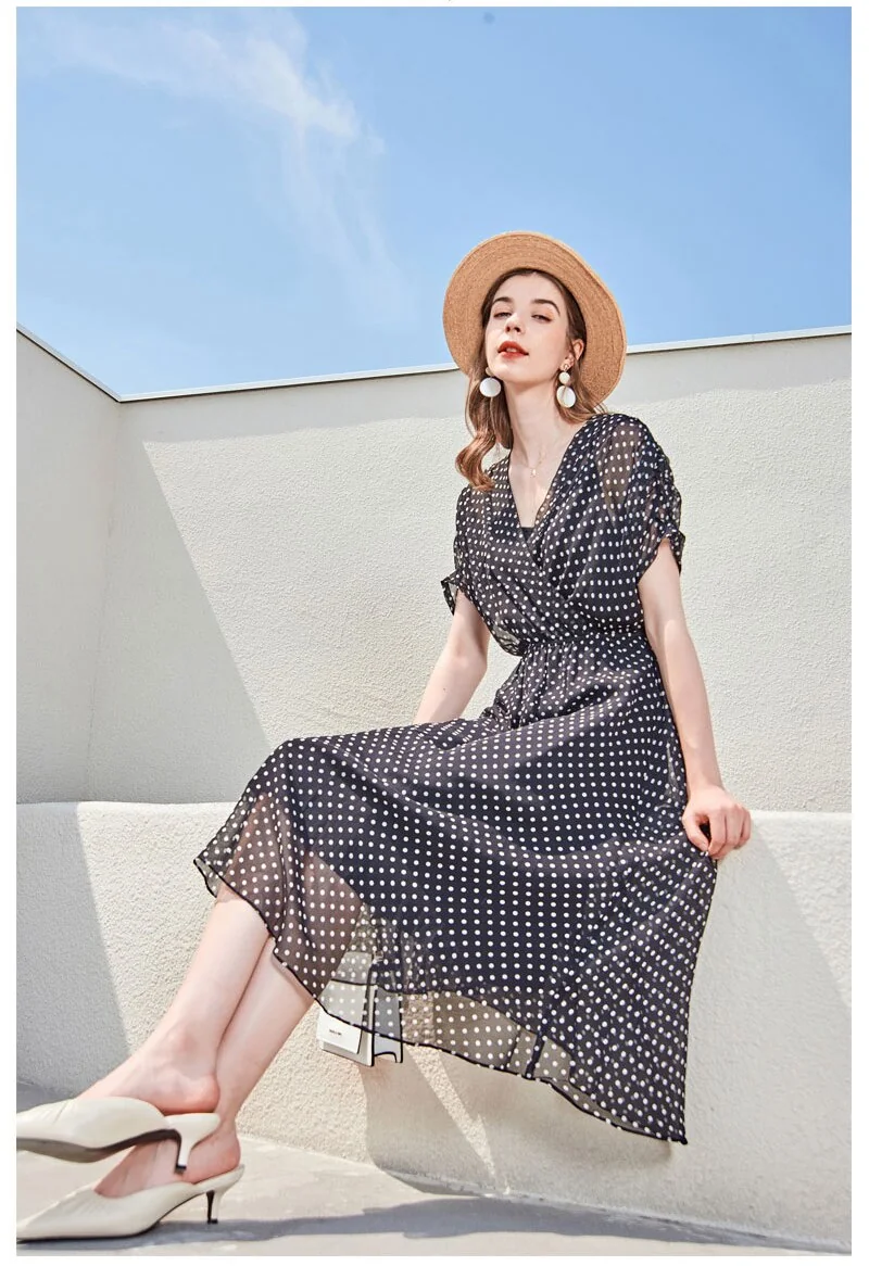 100% Silk Women's Runway Dresses Sexy V Neck Short Ruched Sleeves Polka Dots Printed Fashion Casual Summer Dresses - Image 7