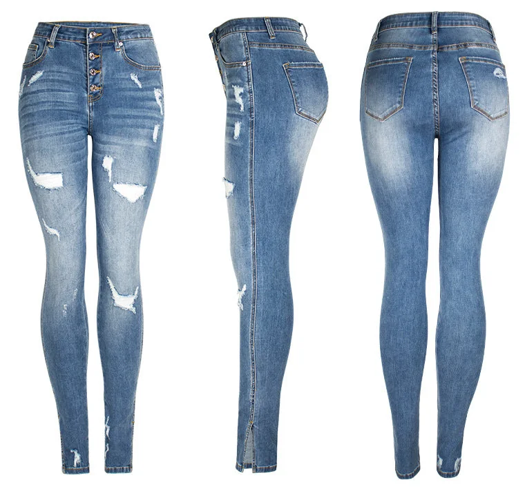 Ripped Mid-waist Stretch Jeans Women's Trousers Pencil Pants Split Hem Destroy Jeans - Image 6