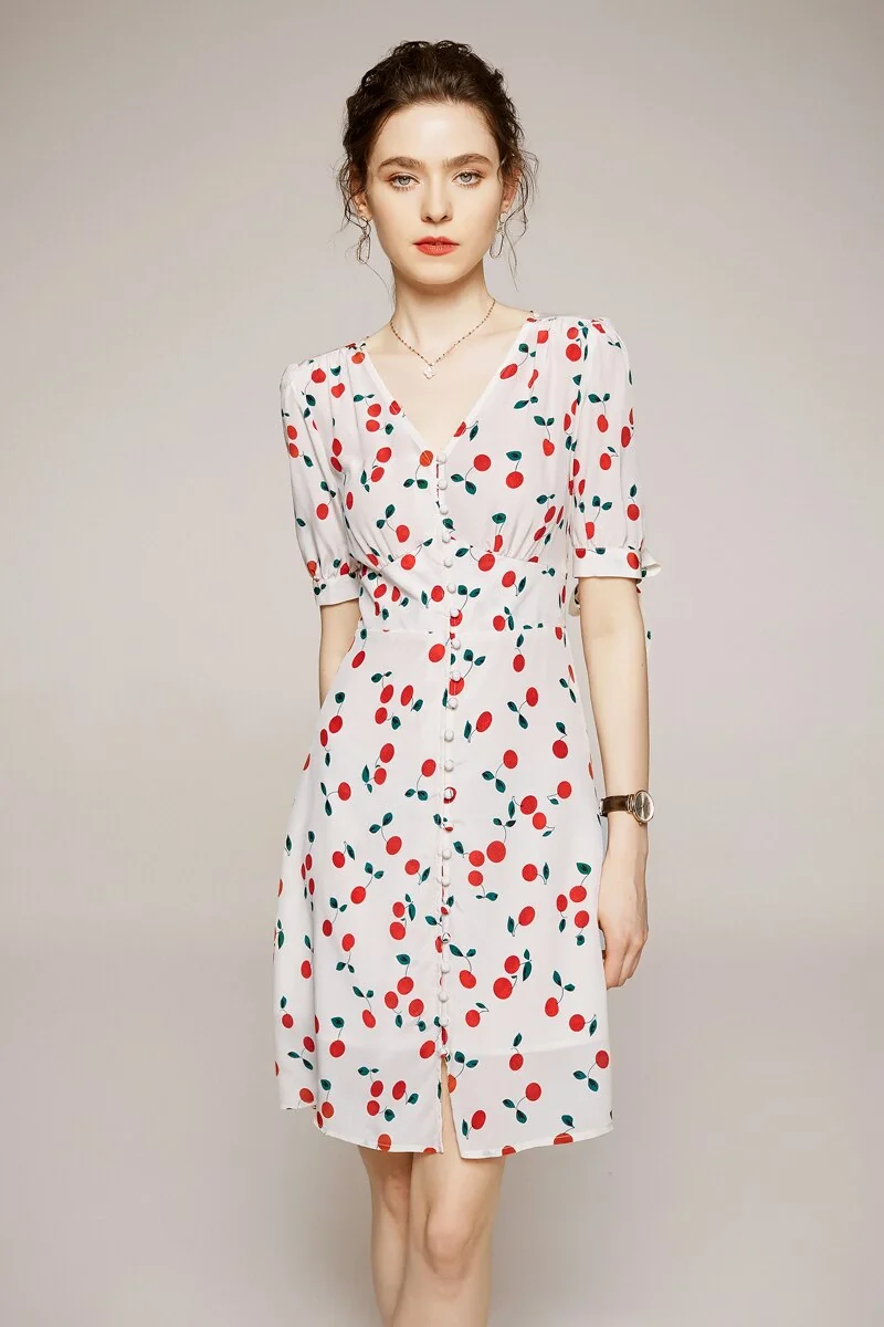 100% Silk Women's Runway Summer Dresses Sexy V Neck Short Sleeves Lace Up Printed Fashion Casual Short Dresses - Image 3