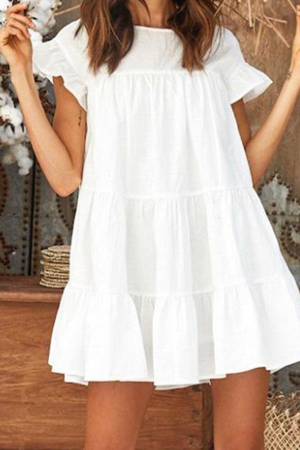 Women Casual Ruffle O Neck Short Sleeve Dress - Takalr