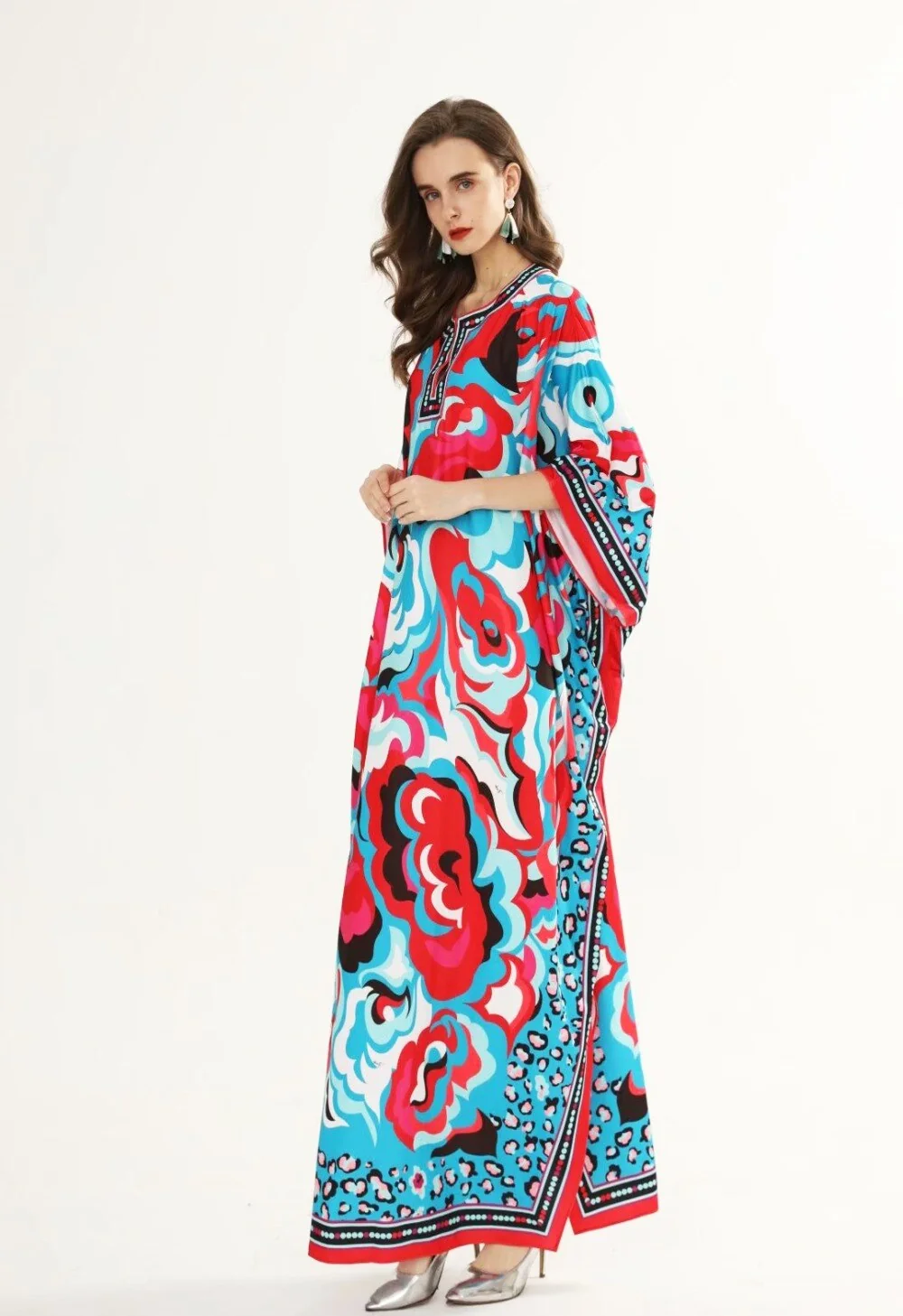 Women's Runway Dresses O Neck Batwing Sleeves Loose Plus Sizes Printed Knitted Elastic Maxi Long Dresses - Image 2