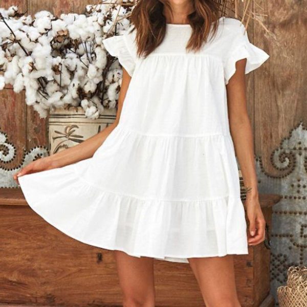 Women Casual Ruffle O Neck Short Sleeve Dress - Takalr