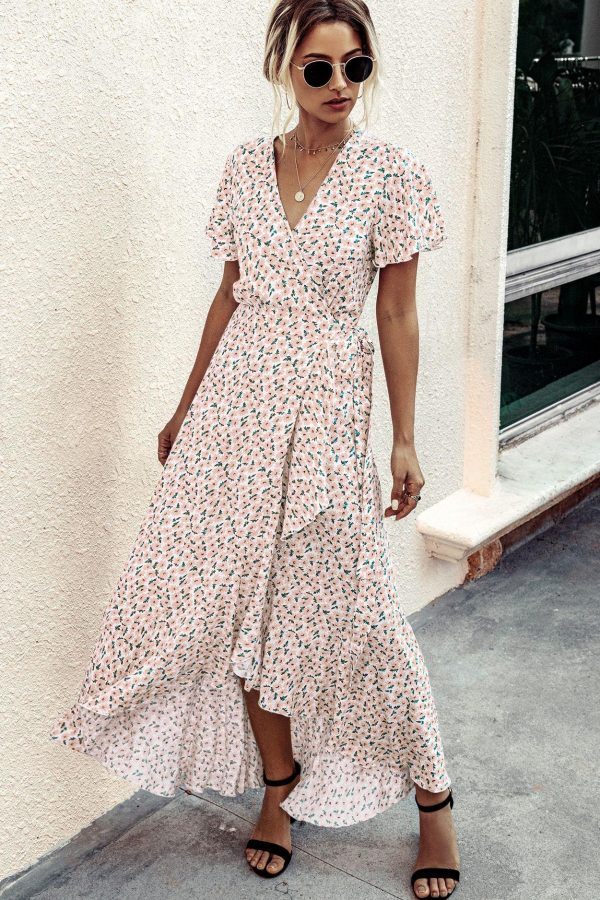 Summer Maxi Dress Women Polka Dot Sexy V Neck Ruffles Short Sleeve Holiday Long Beach Sundress Ladies Lace Up Wrap Party Dresses - Takalr