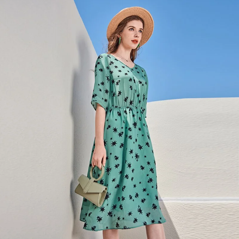 100% Silk Women's Runway Dresses v Neck Short Sleeves Printed Elastic Waist Fashion Holiday Dresses - Image 3