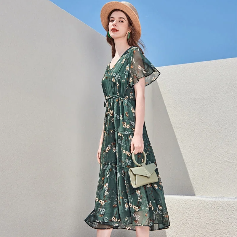 100% Silk Women's Runway Dresses Sexy V Neck Flare Short Sleeves Printed Tiered Ruffles Fashion Summer Holiday Dresses - Image 2