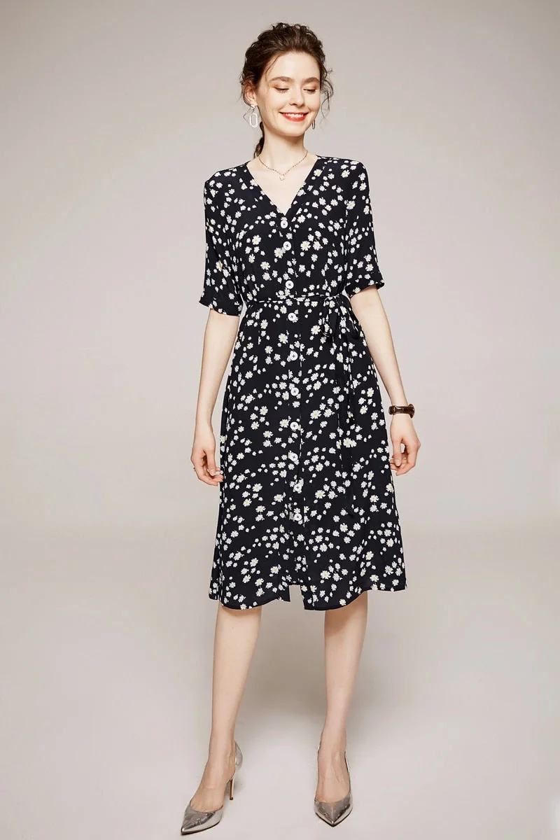 100% Silk Women's Runway Dress Sexy V Neck Short Sleeves Floral Printed Lace Up Fashion Casual Summer Dresses