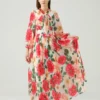 Women's Runway Dresses Lace Up Bow Collar Long Sleeves Floral Printed Elegant Maxi Dress Party Prom