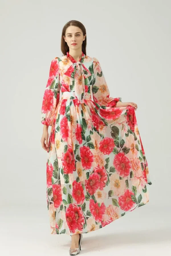 Women's Runway Dresses Lace Up Bow Collar Long Sleeves Floral Printed Elegant Maxi Dress Party Prom