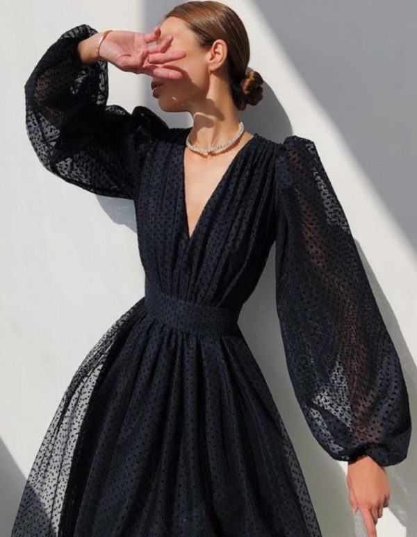 Polka Dot High Waist Midi Dresses Women V-Neck Sweet Long Puff Sleeve Elegant Dress Female 2021 Christmas Lady Party Vestidos - Takalr