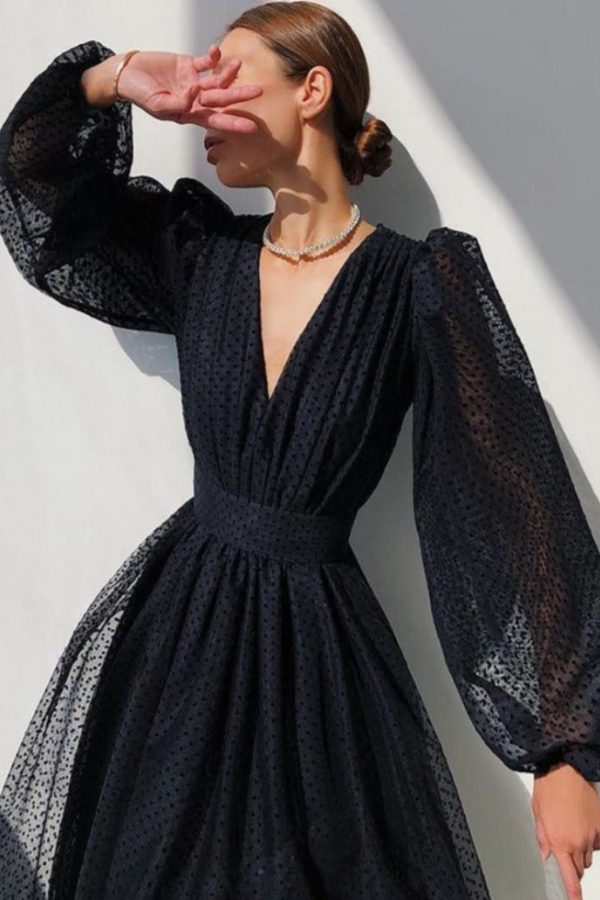 Polka Dot High Waist Midi Dresses Women V-Neck Sweet Long Puff Sleeve Elegant Dress Female 2021 Christmas Lady Party Vestidos - Takalr