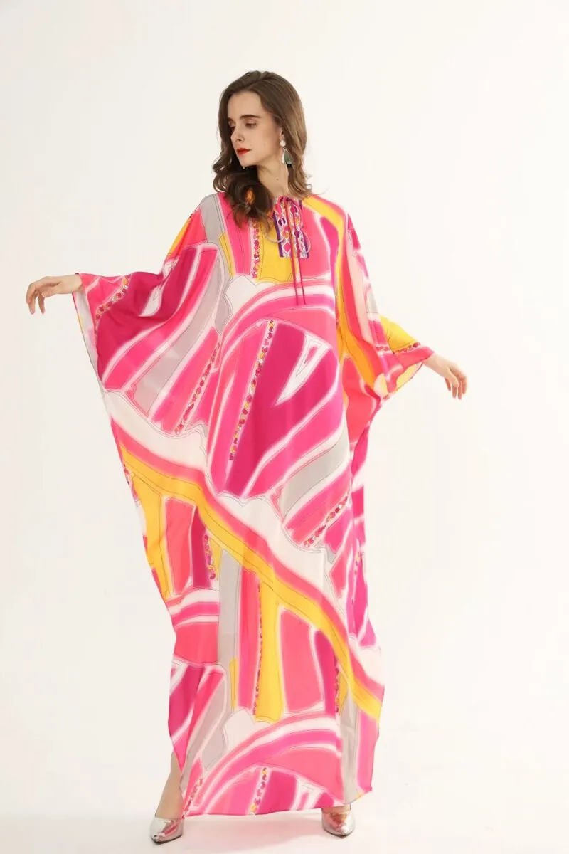 Women's Runway Dresses O Neck Lace Up Collar Printed Loose Design Fashion Batwing Sleeves Maxi Robe Long Dresses - Image 3