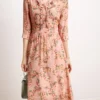 100% Natural Silk Women's Dresses Sexy V Neck 3/4 Sleeves Floral Printed Edible Three Fungus Fashion Dress