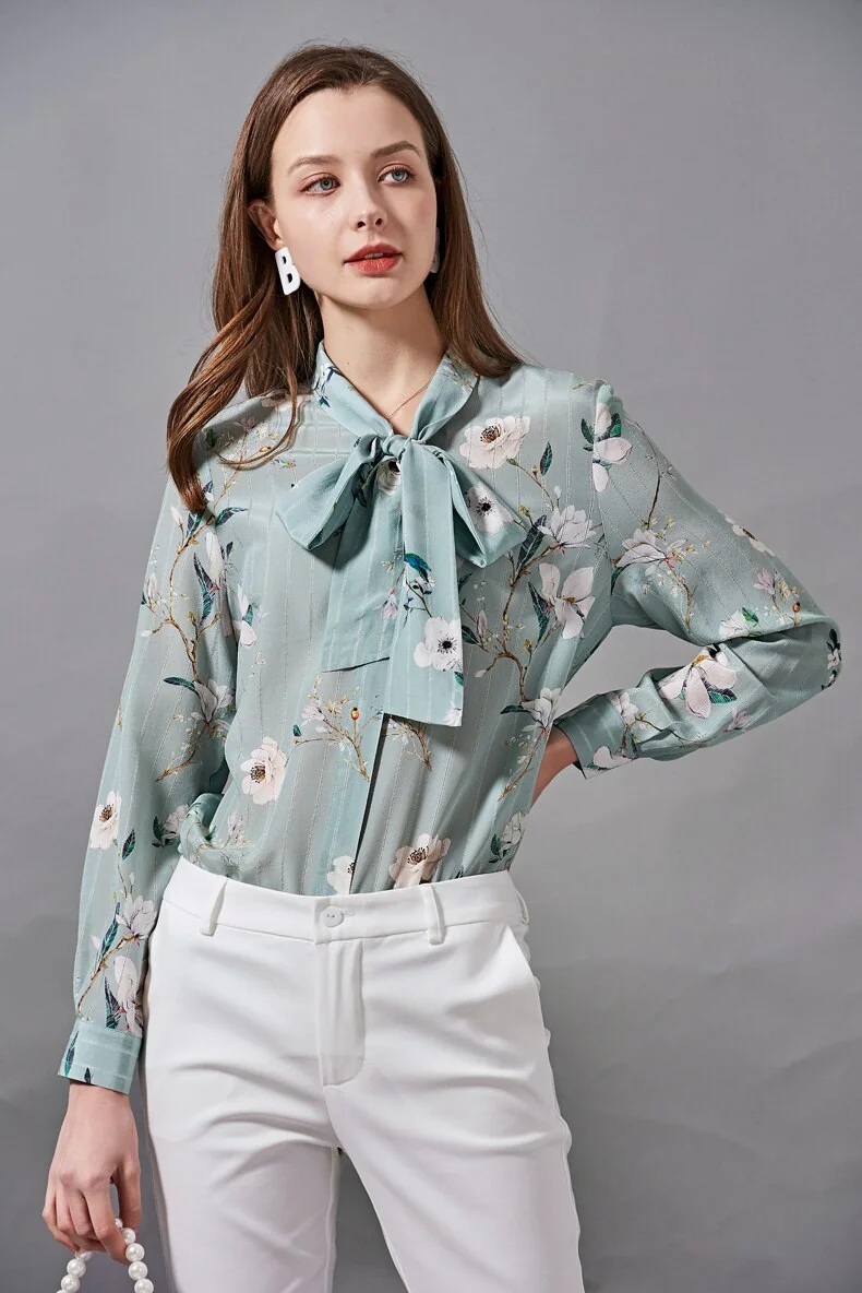 100% Silk Women's Shirt Bow Collar Lace Up Floral Printed Elegant High Street Blouse Camisa Tops - Image 13