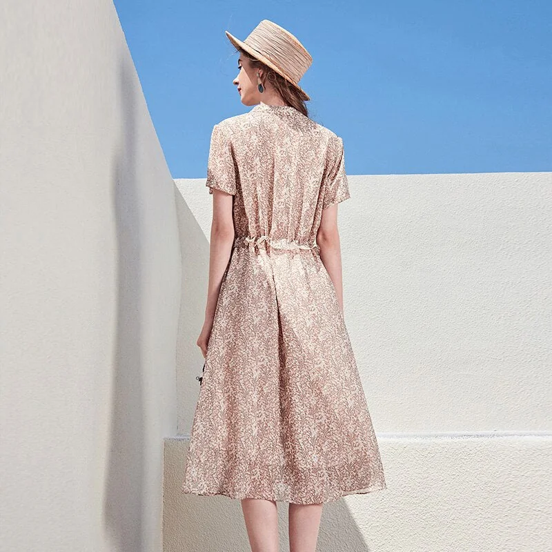 100% Silk Women's Runway Dresses Sexy V Neck Short Sleeves Printed Ruffles Fashion Casual Mid Summer Dresses - Image 5
