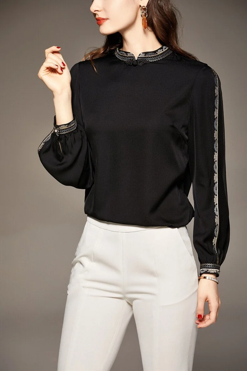 100% Silk Women's Shirt Vintage Button Stand Collar Long Sleeves Embroidery Elegant Zipper Back Blouse Tops - Image 10