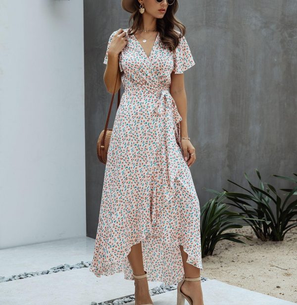 Summer Maxi Dress Women Polka Dot Sexy V Neck Ruffles Short Sleeve Holiday Long Beach Sundress Ladies Lace Up Wrap Party Dresses - Takalr