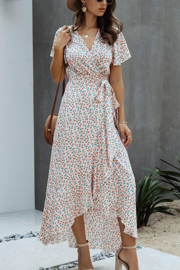 Summer Maxi Dress Women Polka Dot Sexy V Neck Ruffles Short Sleeve Holiday Long Beach Sundress Ladies Lace Up Wrap Party Dresses - Takalr