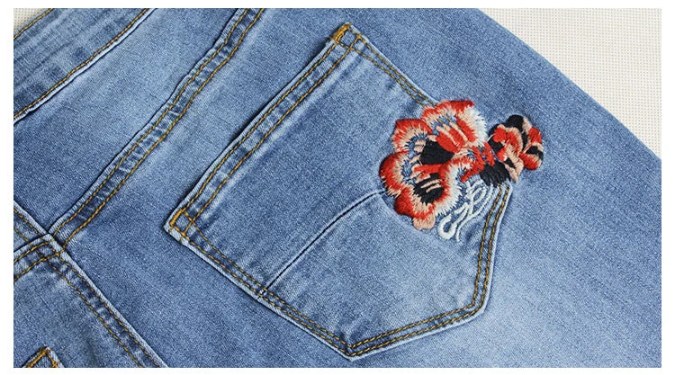 Denim Embroidered Flared Pants Women Mid Waist Jeans Wowens Embroidery Trousers - Image 12