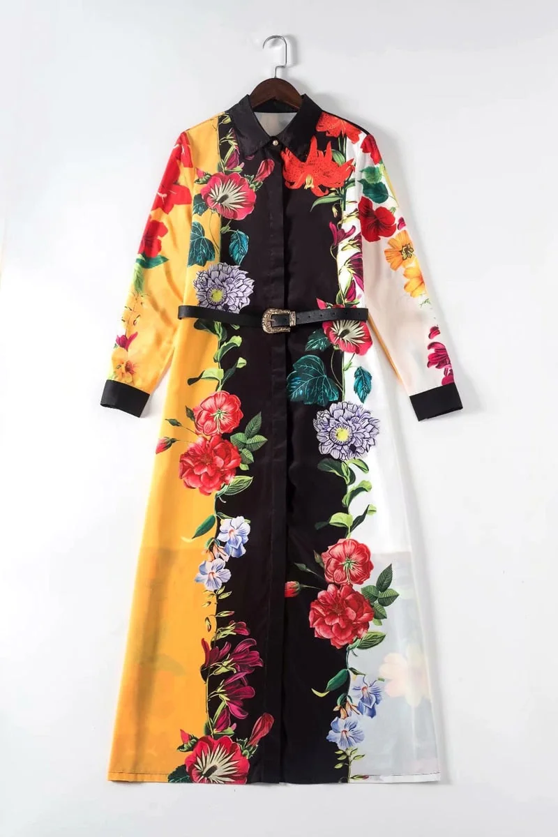Women's Runway Dresses Turn Down Collar Long Sleeves Floral Printed High Street Casual Mid Calf Dress - Image 9