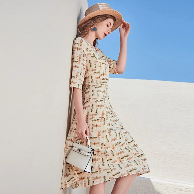 100% Silk Women's Runway Dresses Sexy V Neck 3/4 Sleeves Printed Fashion Holiday Summer Dresses - Image 2