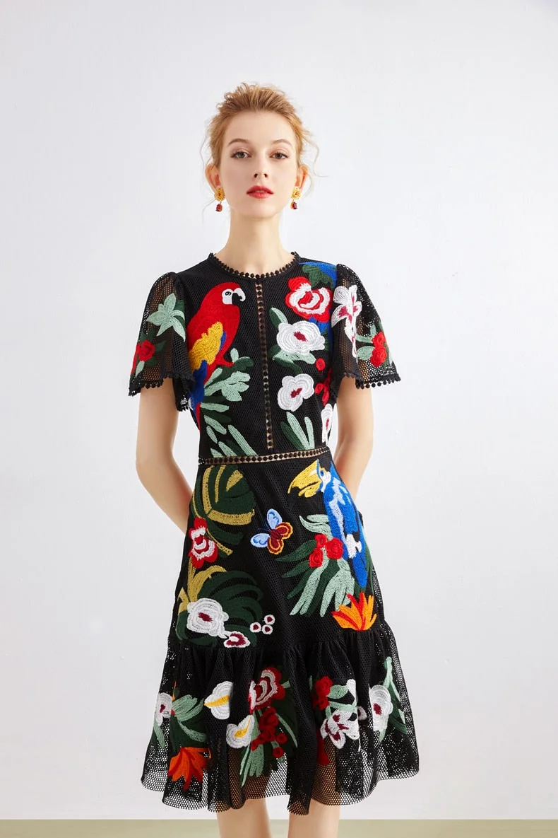 Women's Runway Dresses O Neck Short Sleeves Embroidery Elegant High Street Fashion Casual Dresses - Image 7