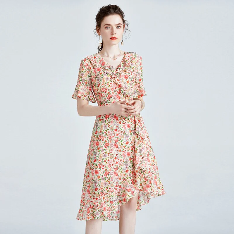 100% Silk Women's Runway Dresses Sexy V Neck Short Flare Sleeves Ruffles Floral Printed Asymmetrical Fashion Casual Dresses