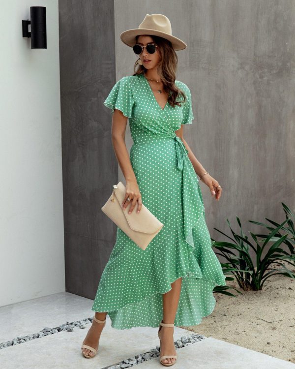 Summer Maxi Dress Women Polka Dot Sexy V Neck Ruffles Short Sleeve Holiday Long Beach Sundress Ladies Lace Up Wrap Party Dresses - Takalr