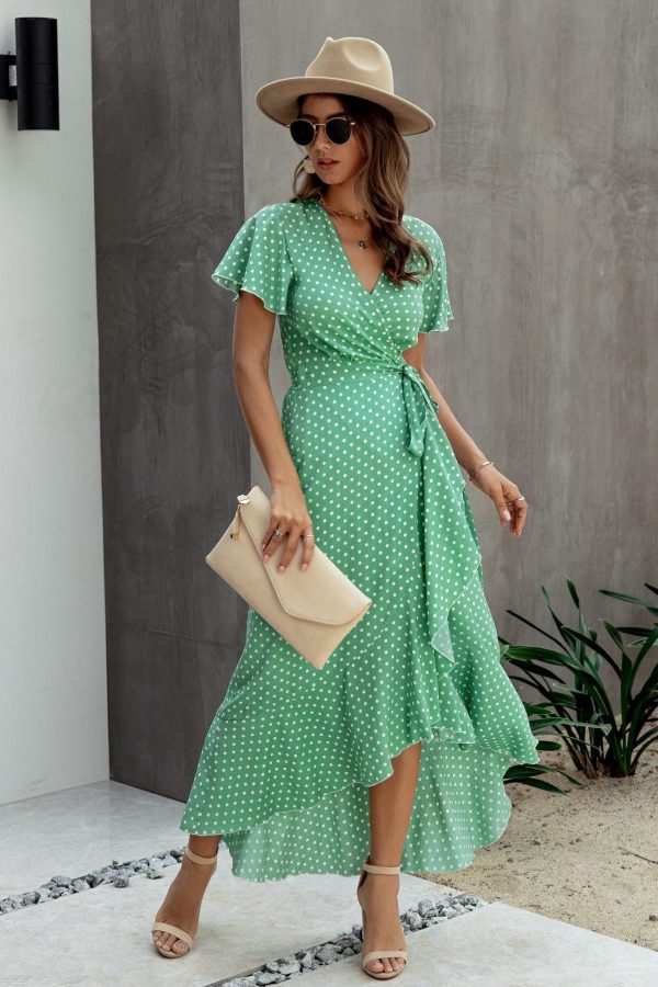 Summer Maxi Dress Women Polka Dot Sexy V Neck Ruffles Short Sleeve Holiday Long Beach Sundress Ladies Lace Up Wrap Party Dresses - Takalr