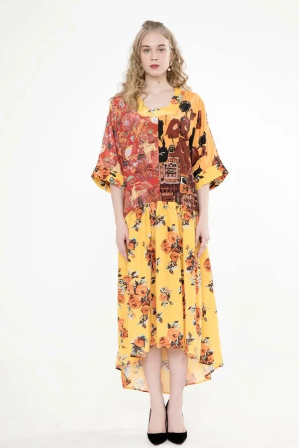 Women's Runway Dress Square Neckline Half Sleeves Printed Fashion Asymmetric Casual Dress