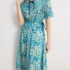 100% Silk Women's Dresses O Neck Short Sleeves Lace Up Waist Floral Printed Elegant Summer Dress Vestidos