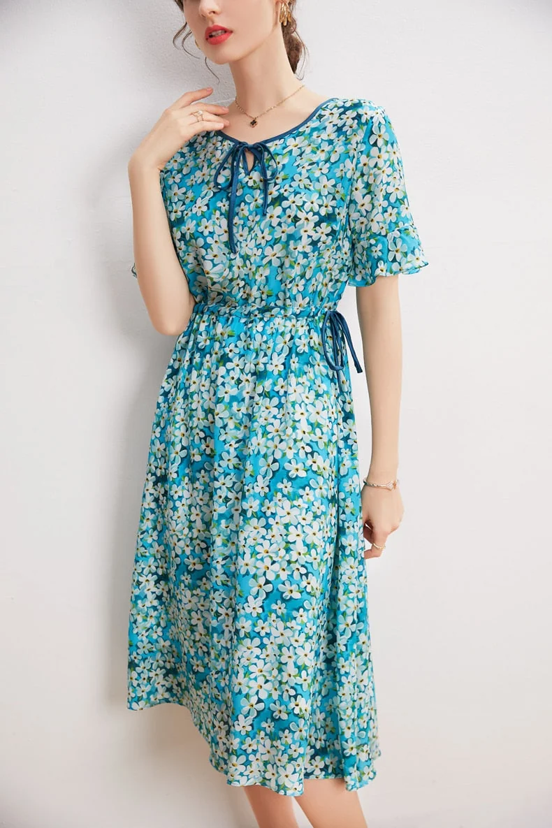 100% Silk Women's Dresses O Neck Short Sleeves Lace Up Waist Floral Printed Elegant Summer Dress Vestidos