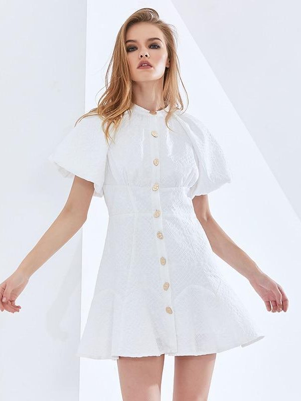 White Elegant Oversized Dress For Women O Neck Puff Sleeve High Waist Female Summer Dresses Womens Clothing 2021 - Takalr