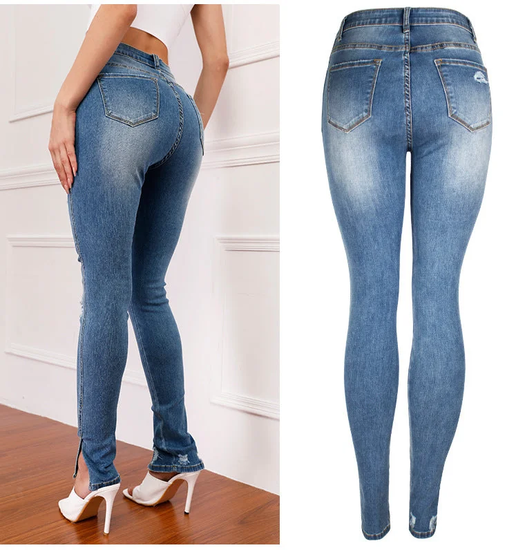 Ripped Mid-waist Stretch Jeans Women's Trousers Pencil Pants Split Hem Destroy Jeans - Image 3