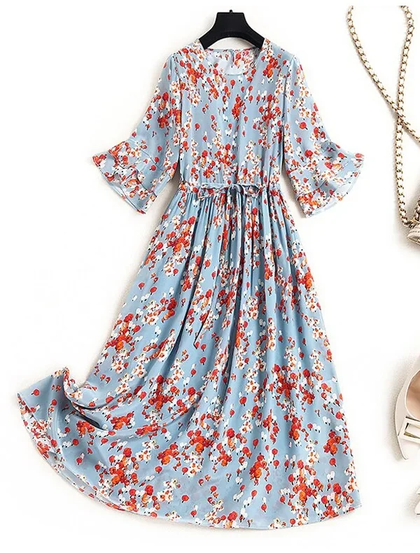 100% Natural Silk Women's Dresses O Neck Half Flare Sleeves Printed Fashion Lace Up Waist Summer Dress Vestidos